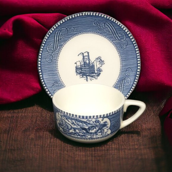 Currier & Ives Blue Flat Cup and Saucer Set - Picture 1 of 6